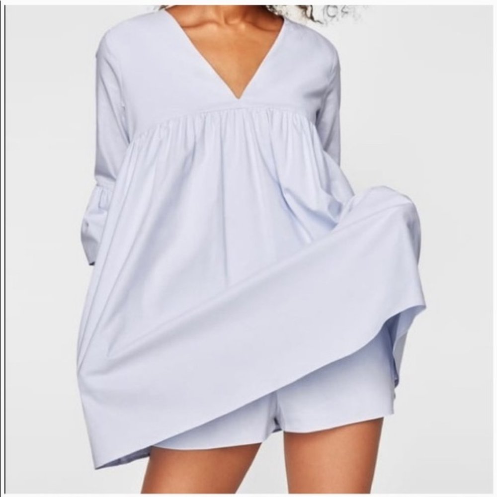 Zara Light Blue Baby Doll Cotton Bell Sleeve Romper